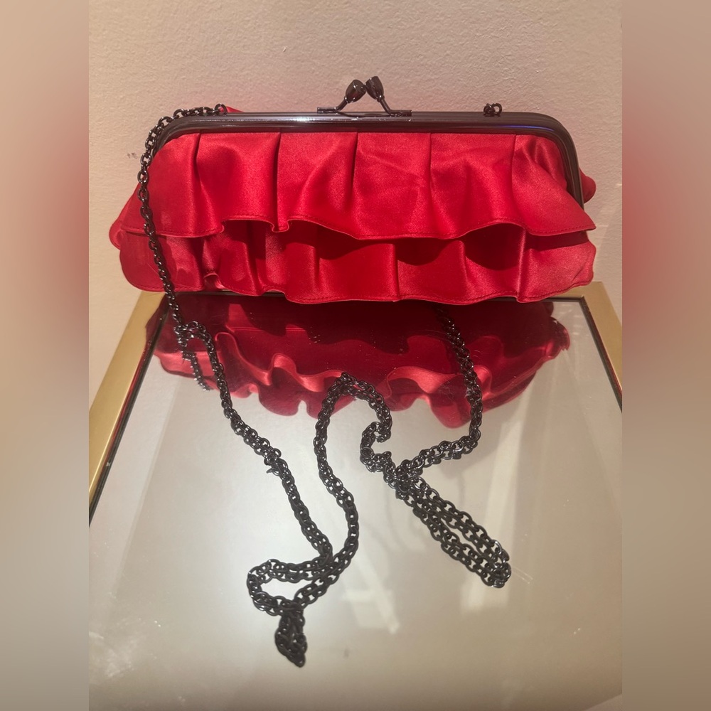 Chic Red Ruffle Clutch with Chain Strap